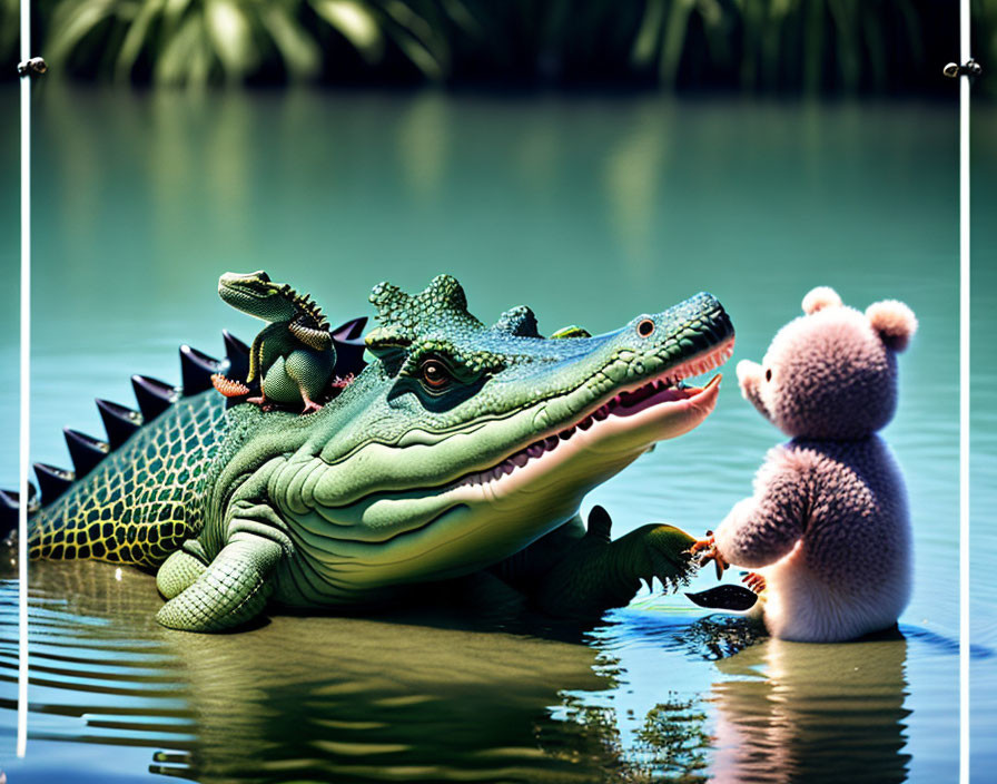 Plush teddy bear and alligator models by tranquil water