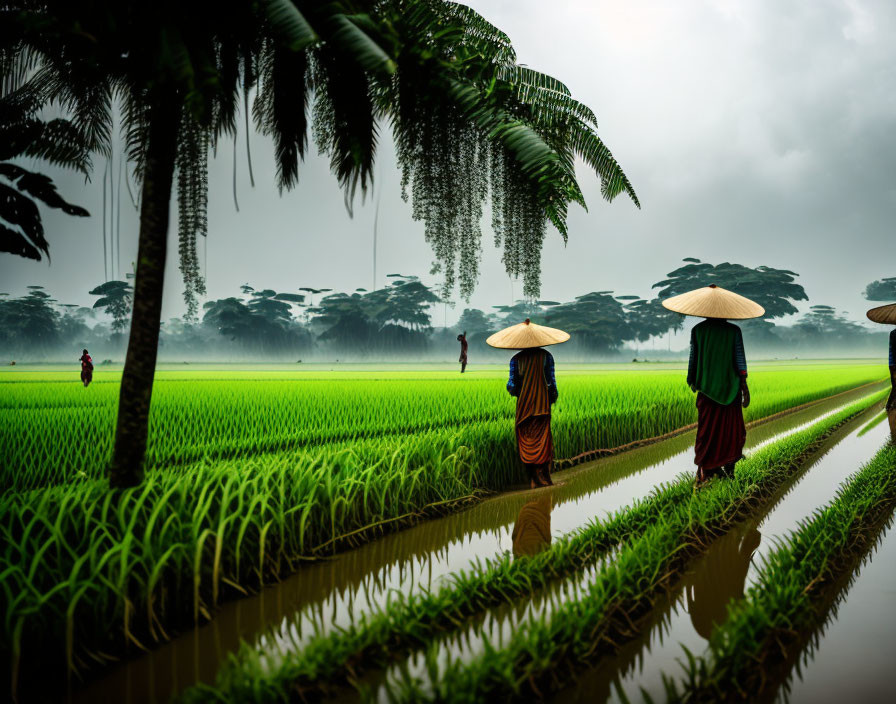 Traditional conical hat wearers in lush green rice paddy field