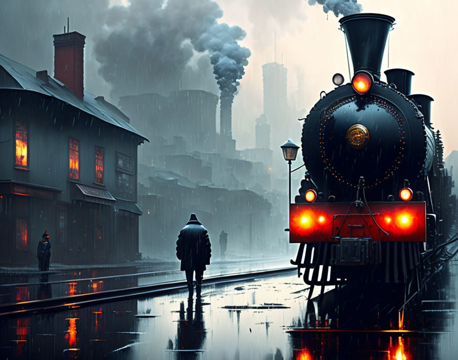 Person in trench coat walking to vintage steam locomotive on rain-drenched platform.