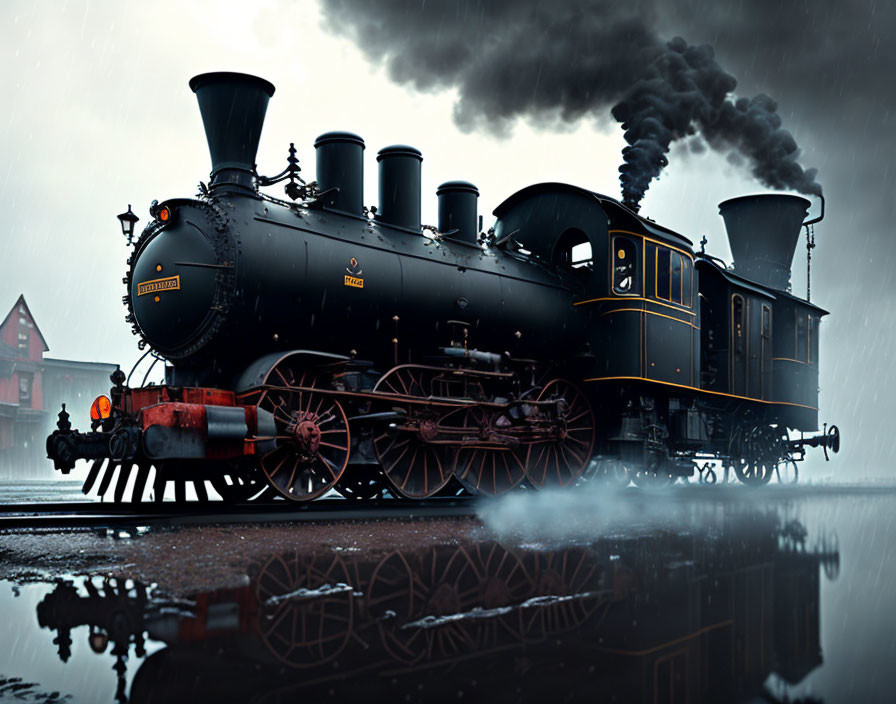 Vintage steam locomotive emitting smoke at misty train station.