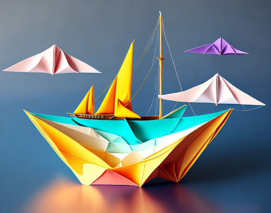 Vibrant origami paper boats on reflective surface with blue gradient background