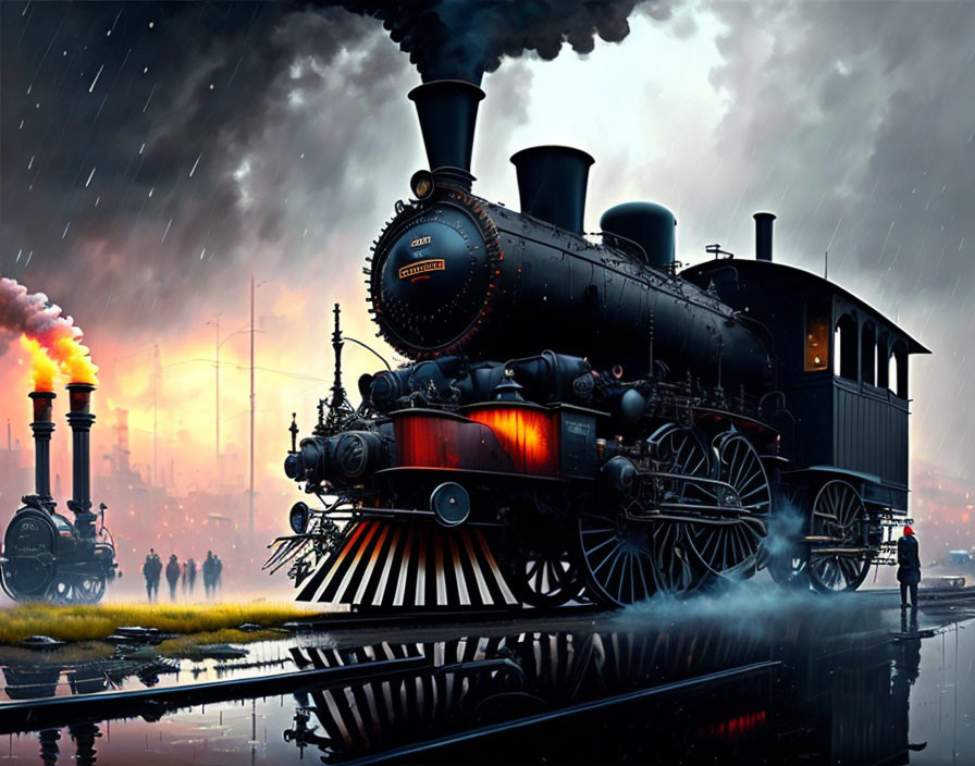 Vintage steam locomotive emitting smoke under rain-soaked industrial skyline with reflections on wet ground.