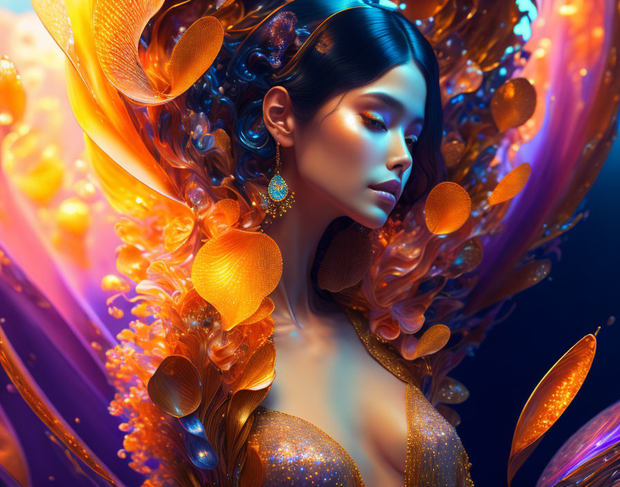 Fantastical portrait: Woman with blue skin, orange hair, golden leaves.