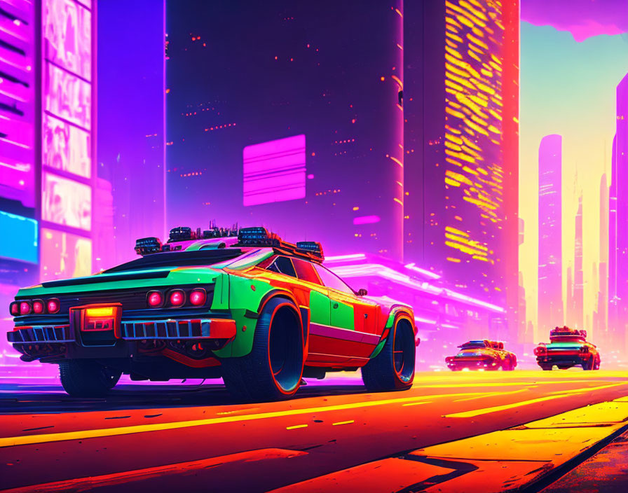 Colorful cyberpunk cityscape with neon lights and futuristic car in vibrant setting