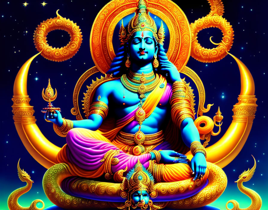 Blue-skinned deity with multiple arms holding a flame in lotus position.