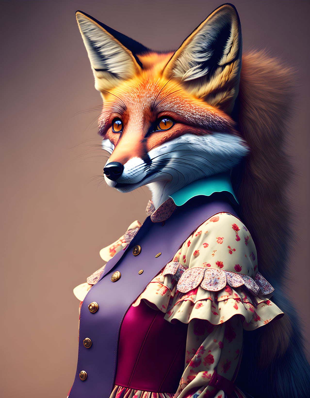 Stylized anthropomorphic fox in elegant floral dress with blue collar and vest