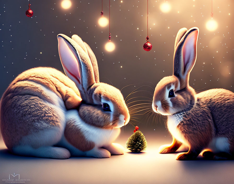 Two rabbits with miniature Christmas tree and red ornaments on bokeh background.