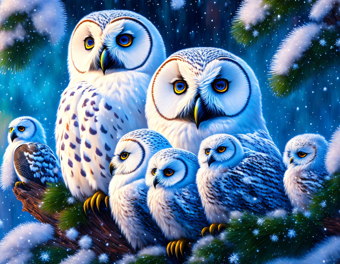 Illustrated snowy owls on branch in falling snowflakes