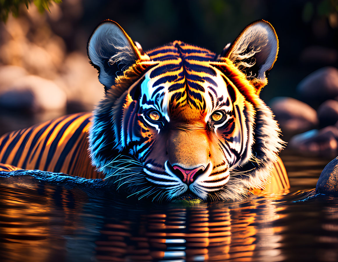 Majestic tiger with striking stripes resting in water