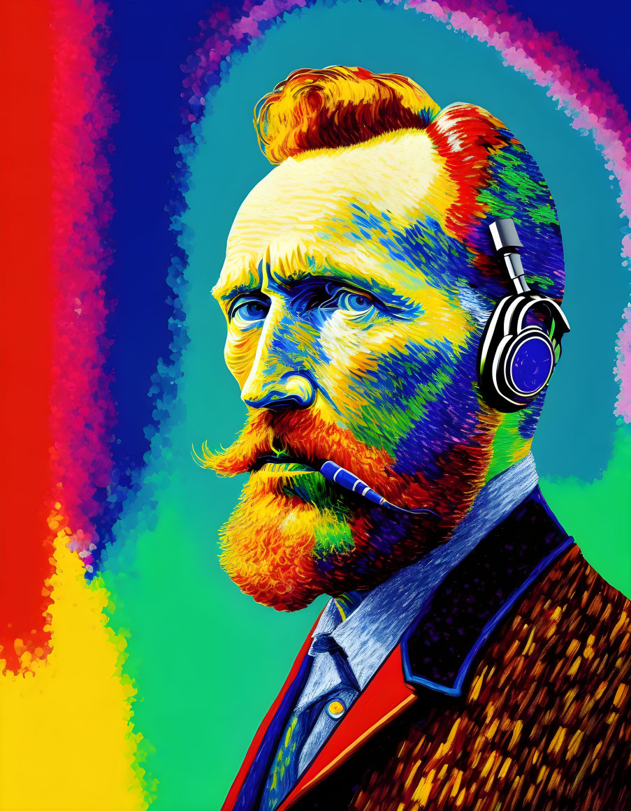 Vibrant portrait of bearded man with headphones on rainbow gradient backdrop