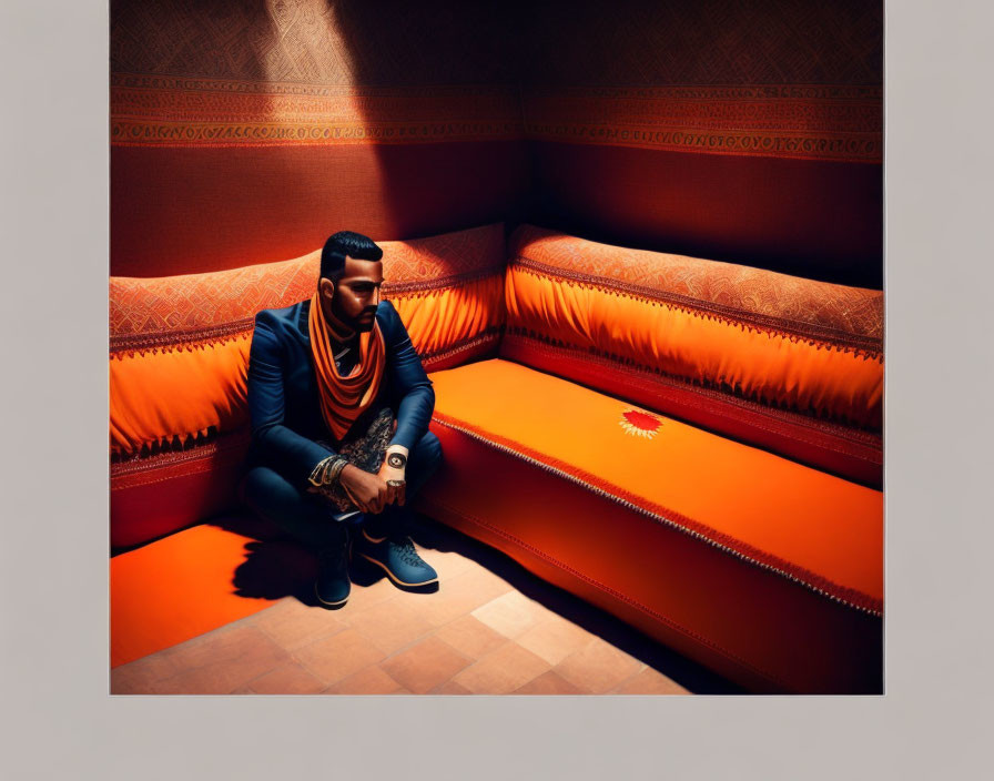 Man in Blue Suit and Headscarf Sitting in Corner Booth with Orange Upholstery