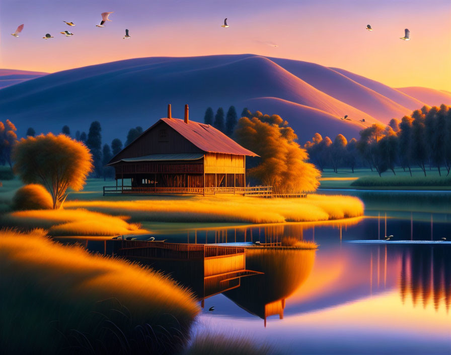 Tranquil sunset scene: house by reflective lake, lush trees, rolling hills.