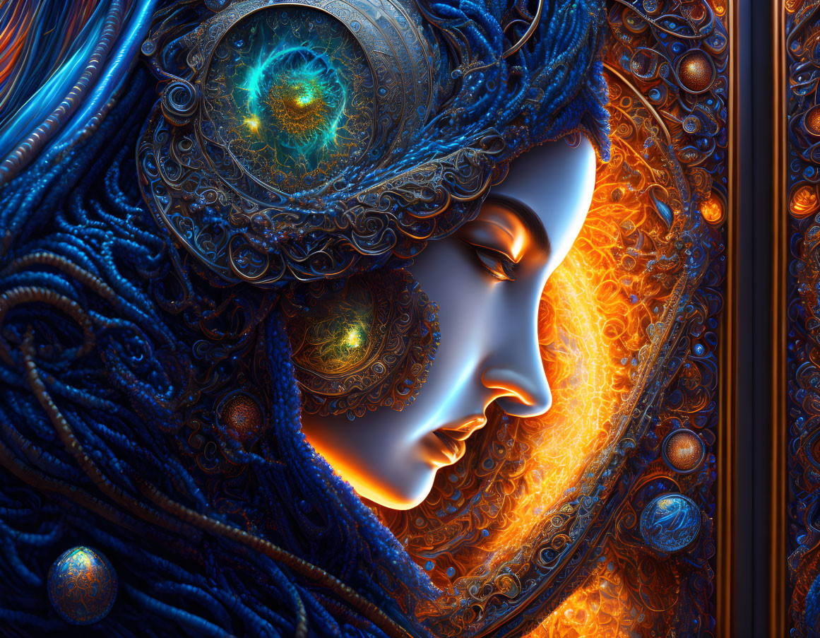 Digital artwork: Female face split in contrasting cool blue and fiery orange themes