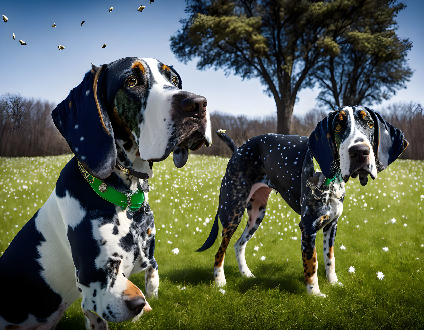 Two Spotted Dogs with Floppy Ears in Sunny Field