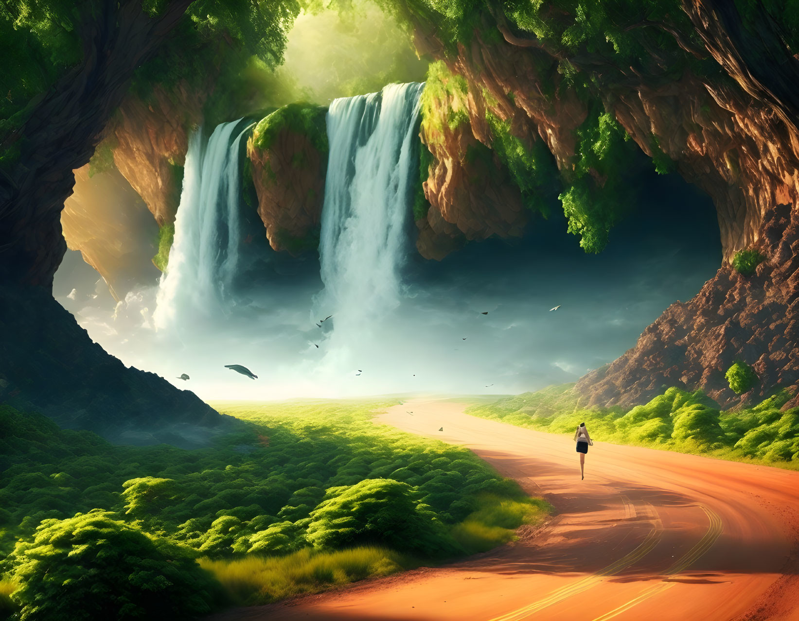 Person walking on winding road towards majestic waterfalls in lush landscape