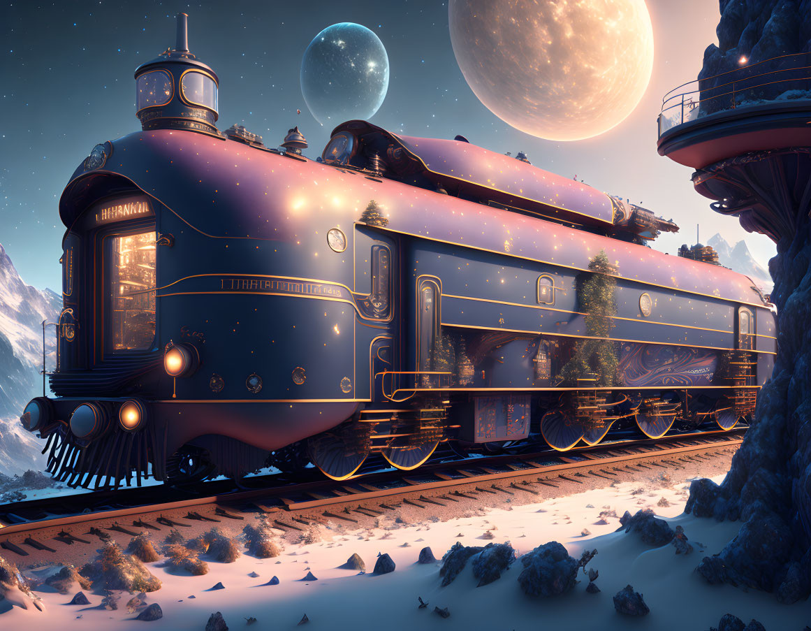 Starry Night Painted Train on Rocky Terrain Under Celestial Sky