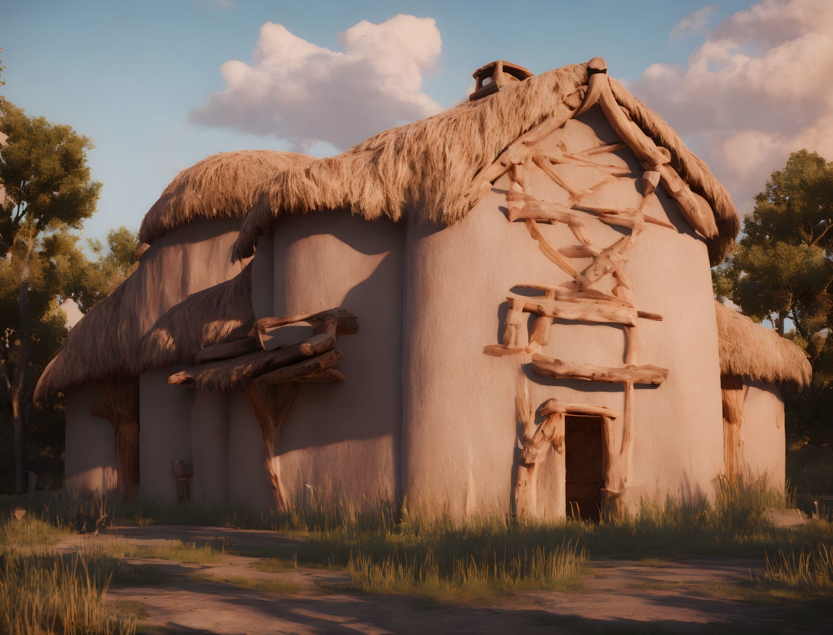 Thatched-Roof Cottage in Forest Setting at Golden Hour