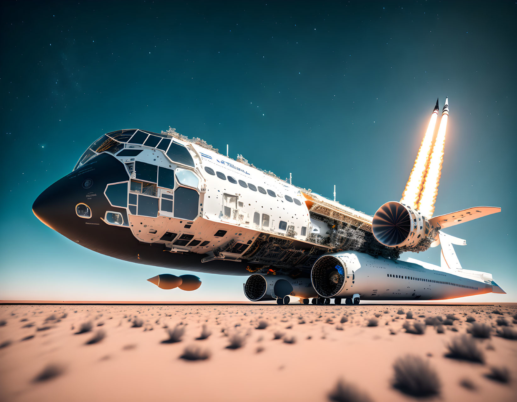 Space Shuttle Launching from Desert Landscape Under Blue Sky