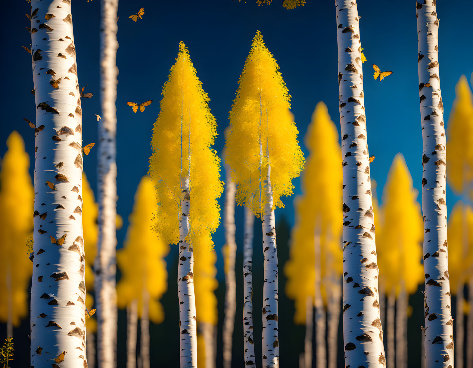 White Birch Trees with Yellow Foliage and Butterflies in Clear Blue Sky