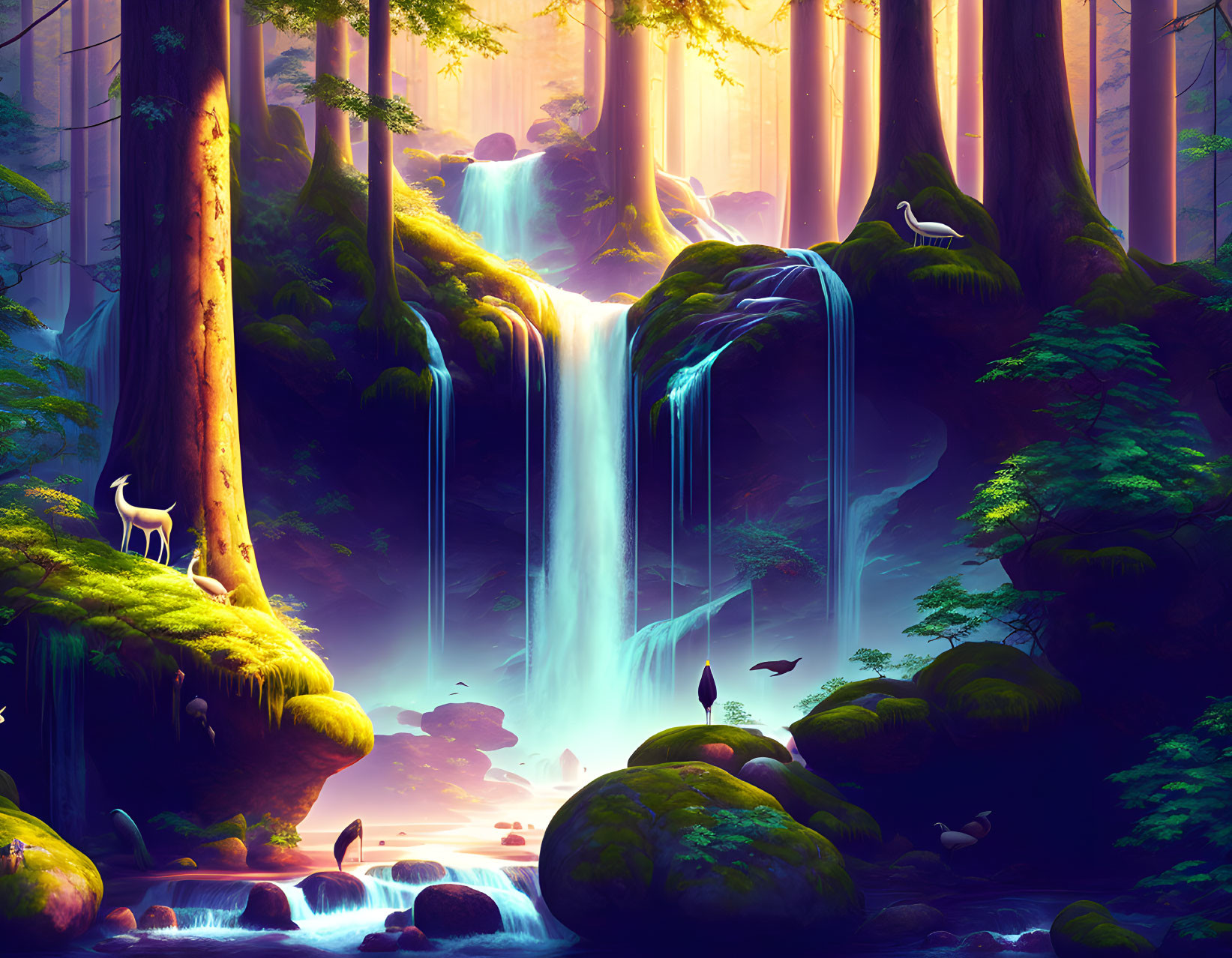 Lush forest with waterfall, sunbeams, deer, and birds