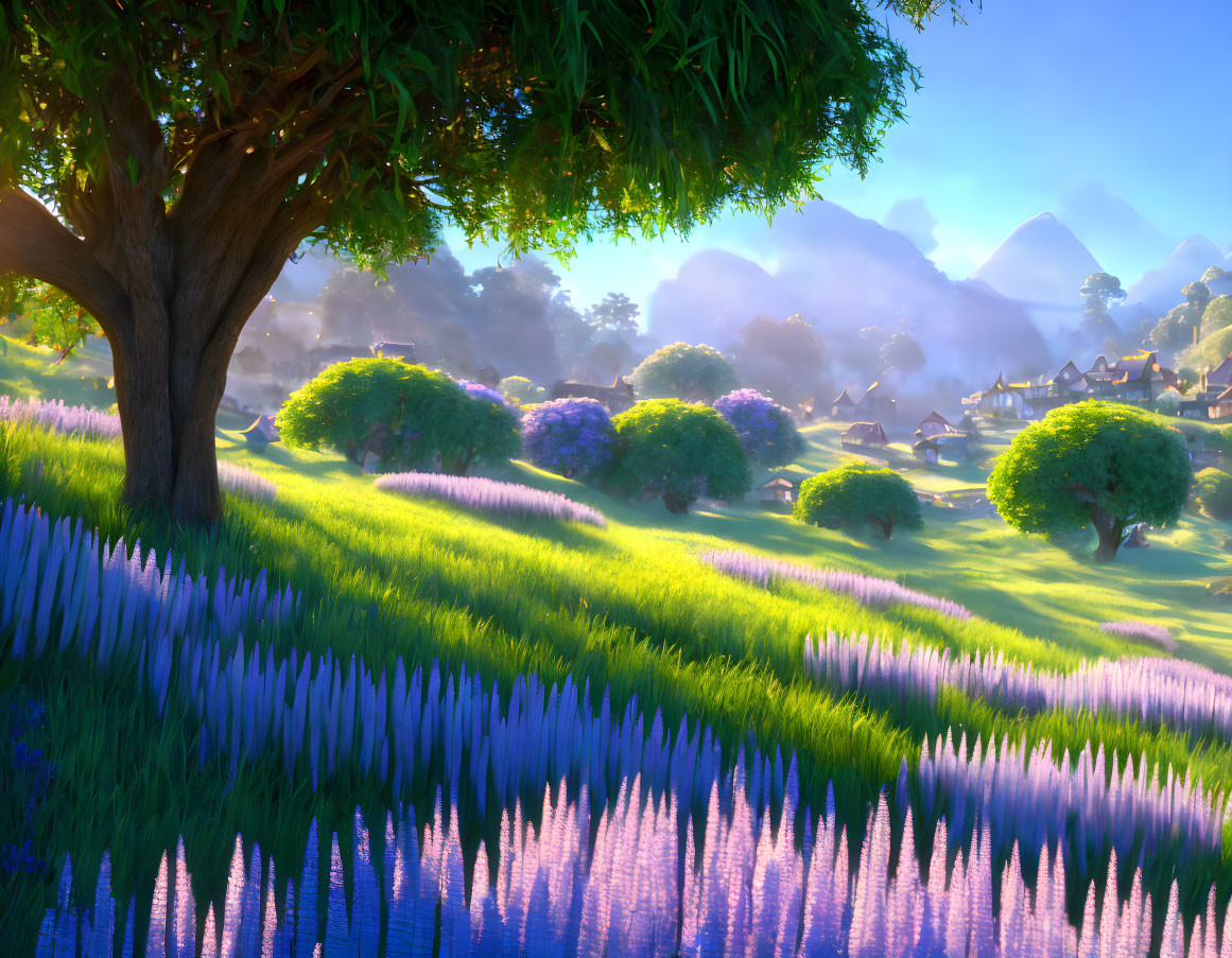 Vibrant lavender field in fantasy landscape with lush green trees