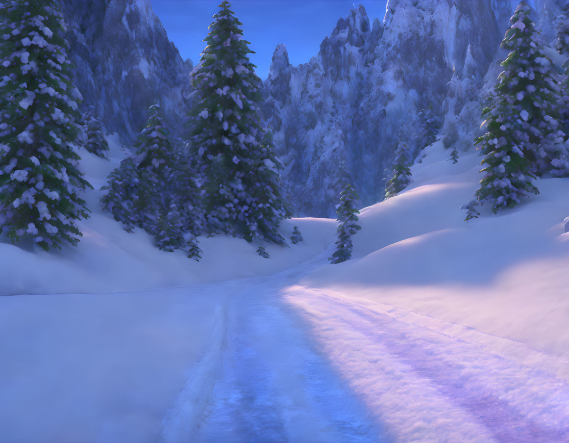 Snow-covered winter path through evergreen trees and mountains at twilight