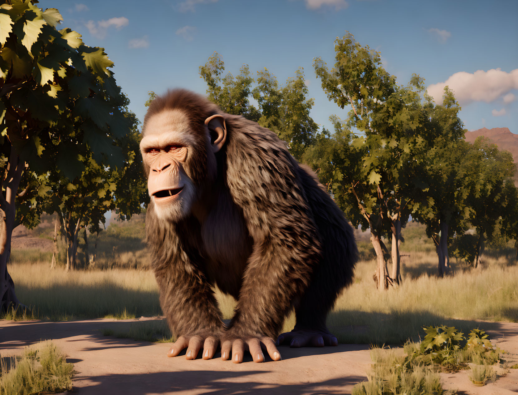 Detailed 3D animated gorilla on dirt path with trees and mountains