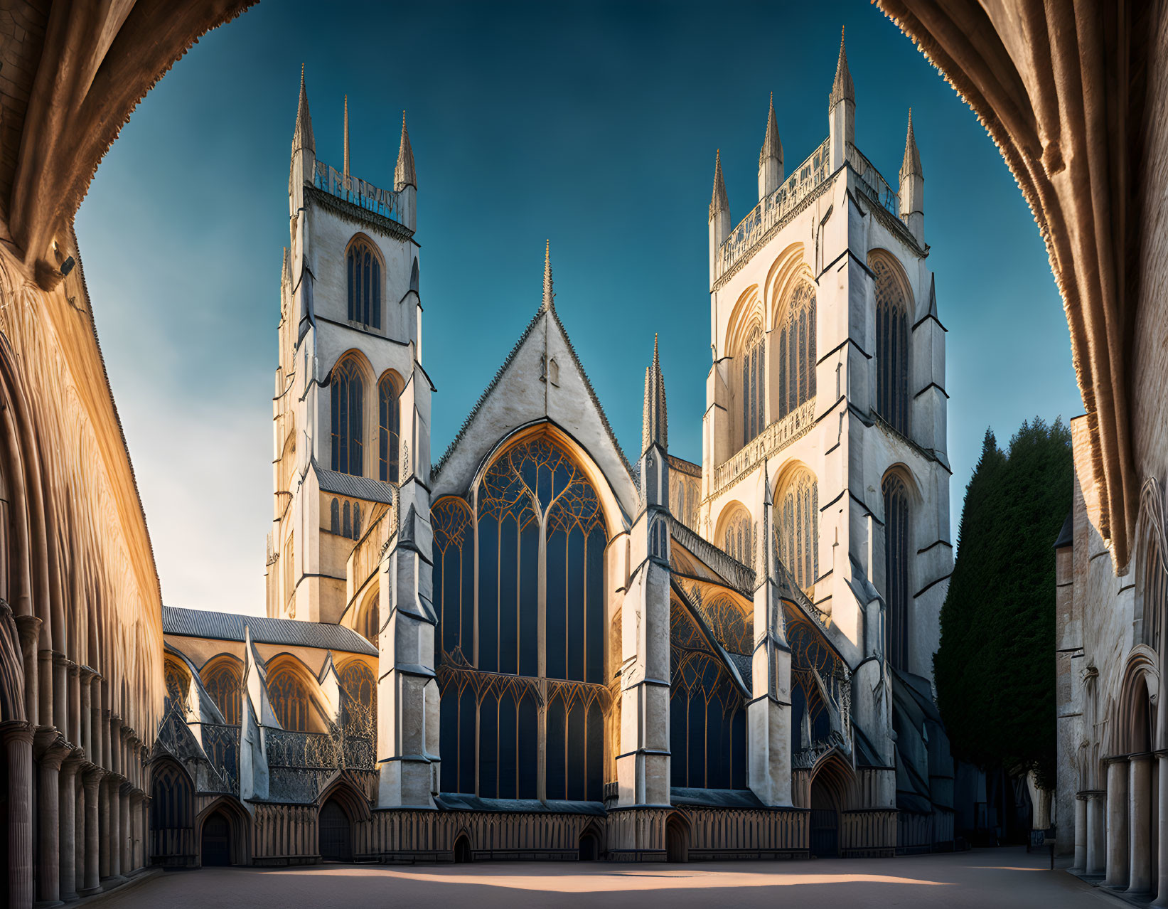 Gothic Cathedral with Twin Towers and Stained Glass Window