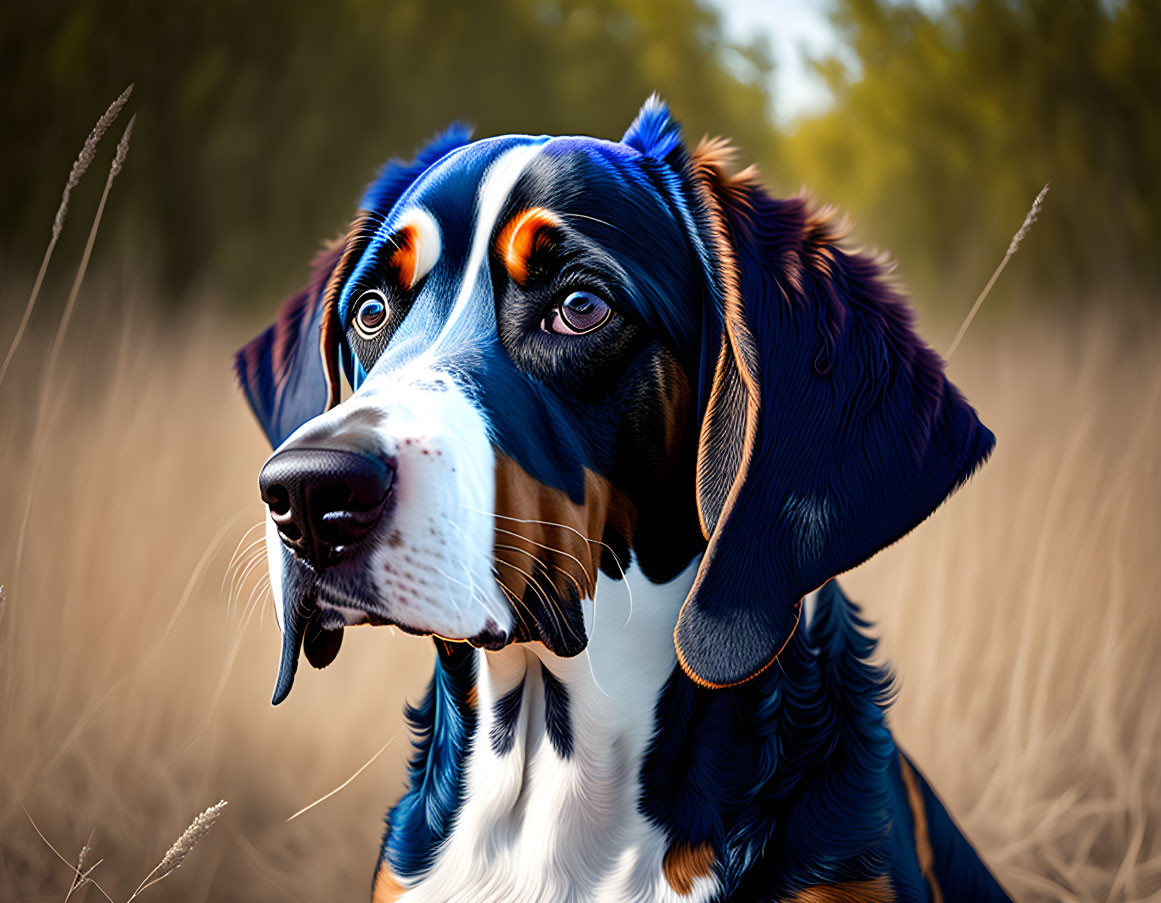 Tricolor dog with floppy ears in grassy field