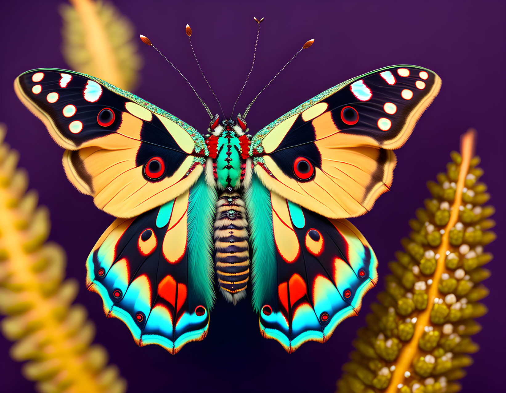 Colorful Butterfly with Orange, Blue, and Black Wings on Flower in Purple Setting