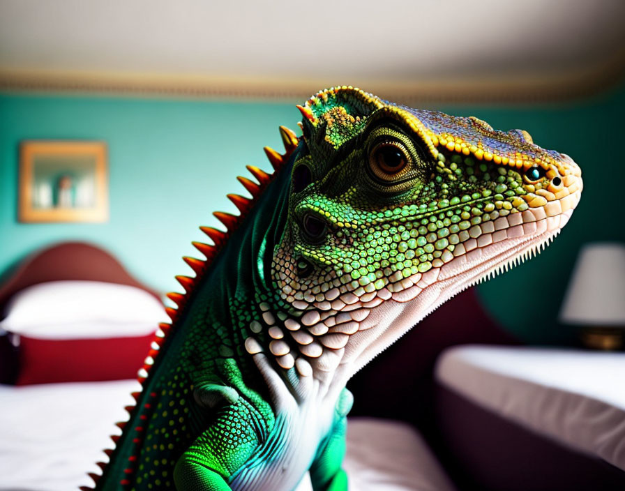 Colorful Iguana Against Blurred Hotel Room Background