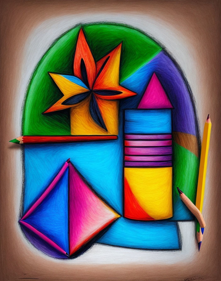 Vibrant geometric shapes drawing with 3D shading and pencils