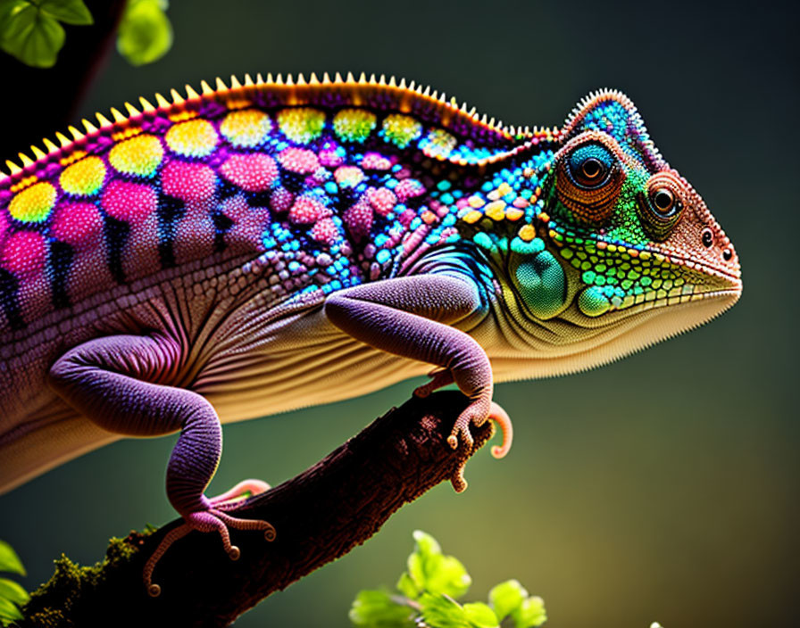 Vibrant chameleon in blues, greens, and purples on branch.