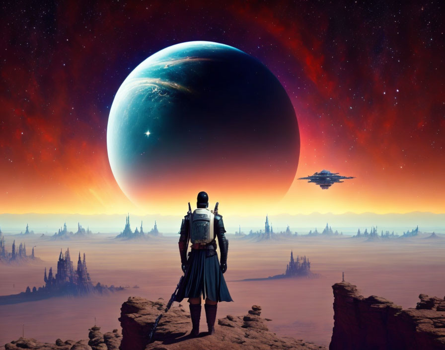 Armored figure on rocky precipice gazes at rising planet and spaceship.