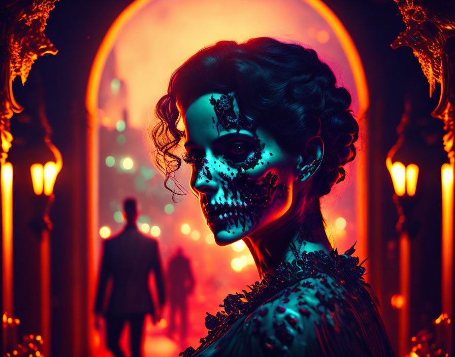 Half-Face Woman with Skull Makeup in Front of Glowing Arched Passageways