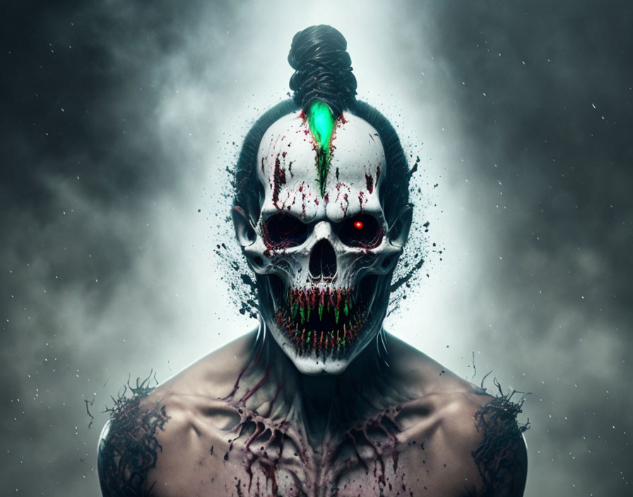 Sinister skull with glowing green eyes and blood stains on misty backdrop