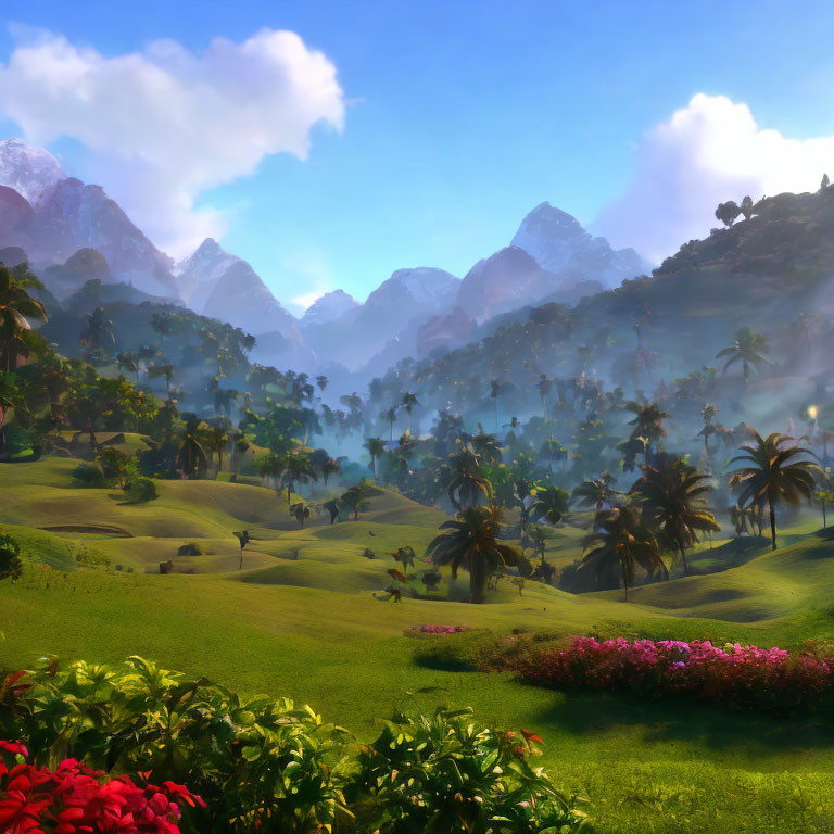 Lush greenery, vibrant flowers, palm trees, mist, hills, and mountains in tranquil landscape