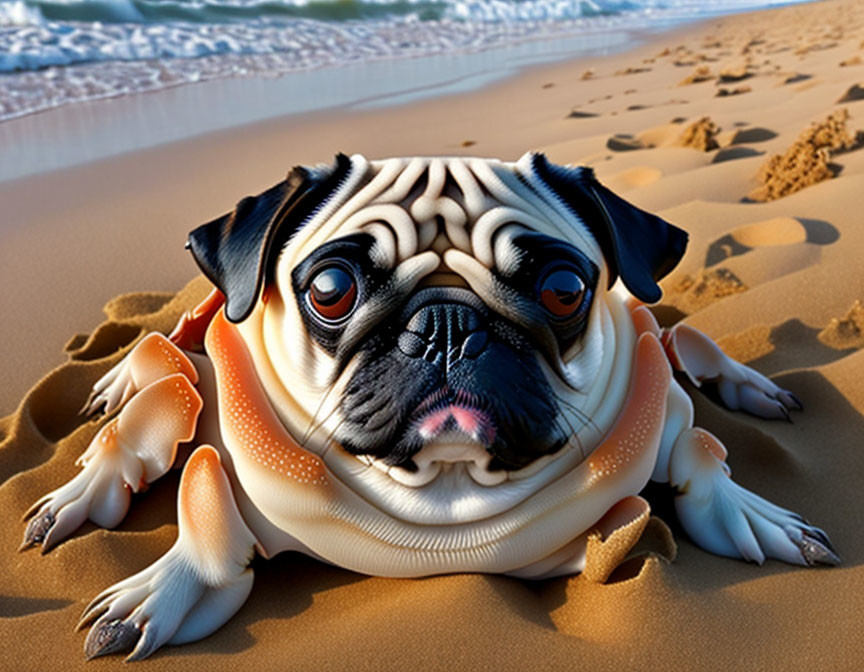 Crab-like pug on sandy beach with ocean view