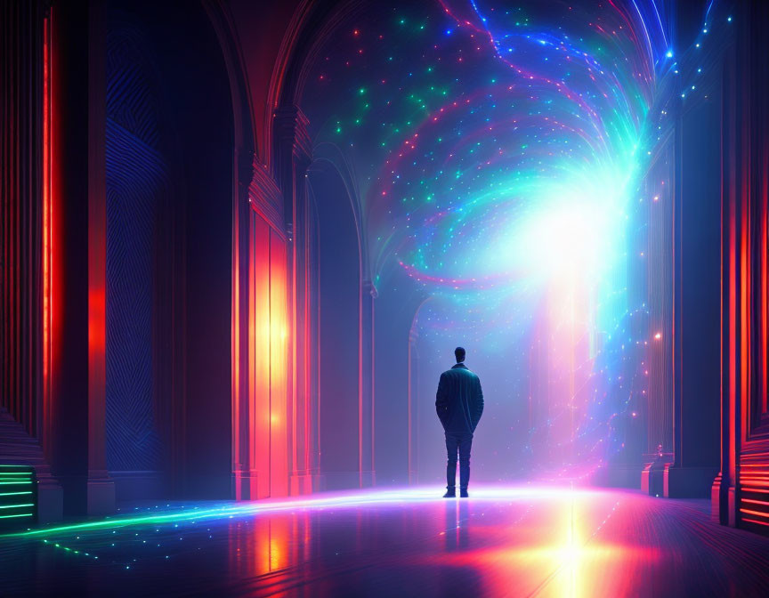 Person in ornate hallway with vibrant cosmic vortex