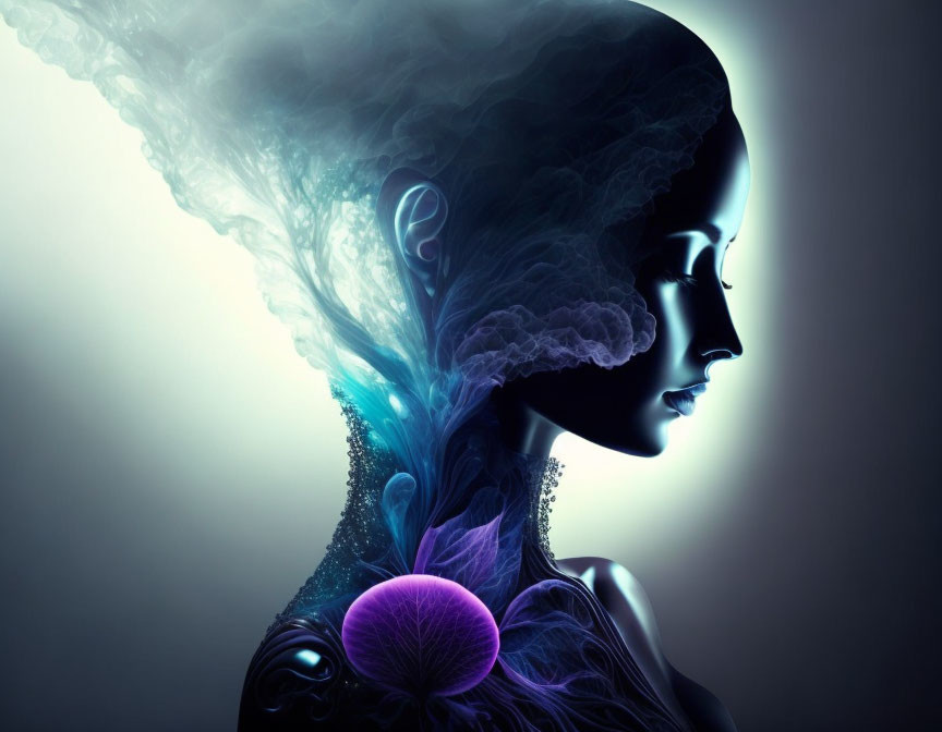 Surreal digital art: Woman's profile in blue and purple tones with smoke effects