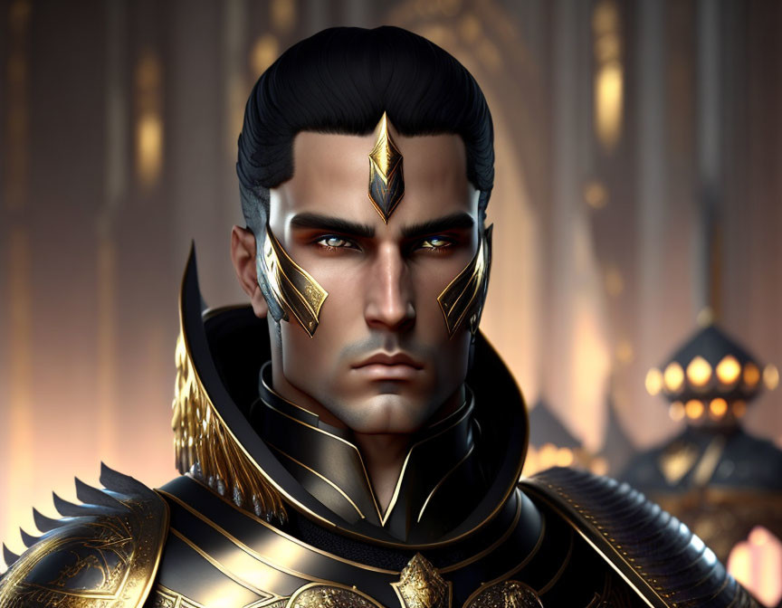 Dark-haired male character in ornate black and gold armor with golden markings in grand setting