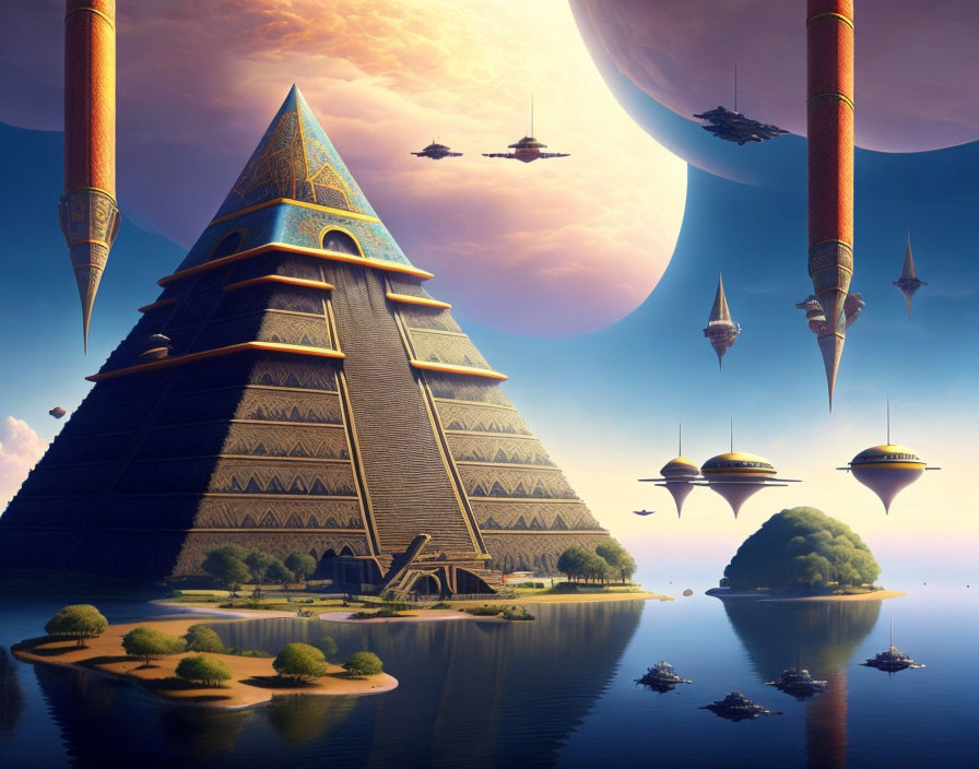 Fantastical landscape with pyramid, floating islands, airships, giant planet