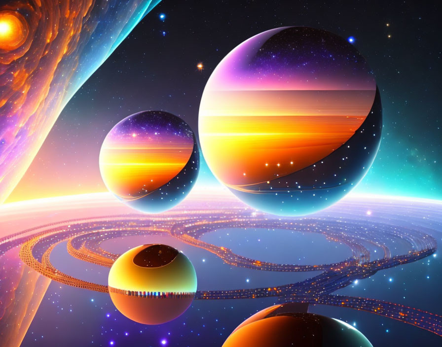 Colorful surreal planets with glowing rings in vibrant digital art