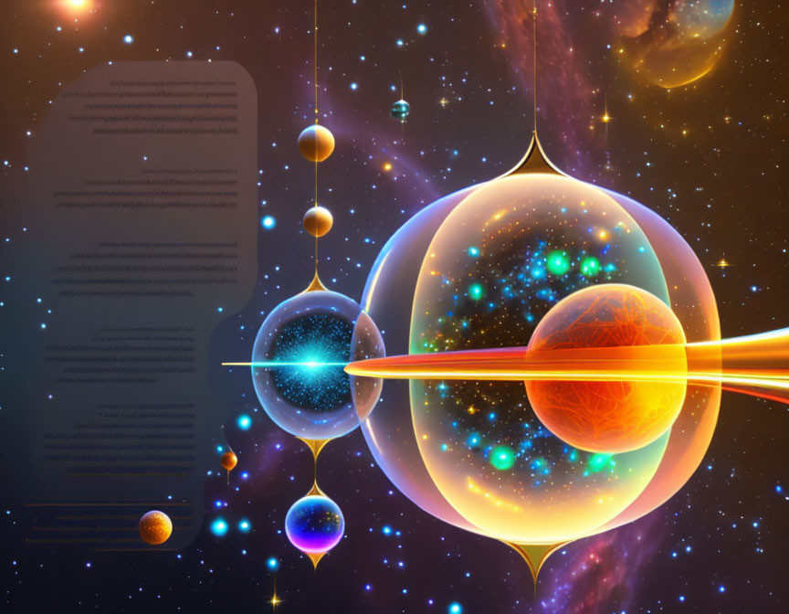 Colorful abstract cosmic scene with planets, orbs, stars, and ethereal structures.