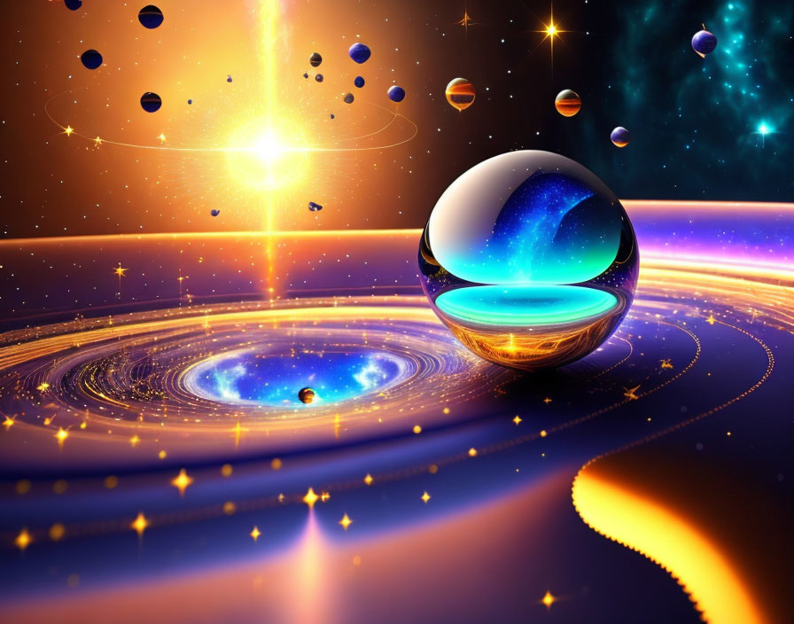 Surreal digital art: glossy sphere in cosmic setting