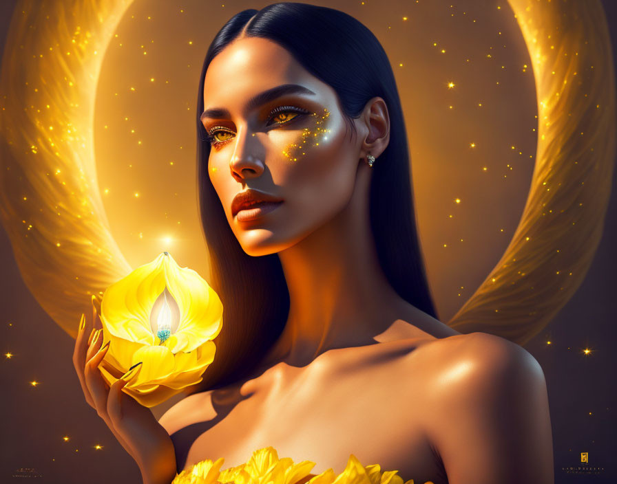 Woman with glowing yellow flower in luminescent aura surrounded by stars