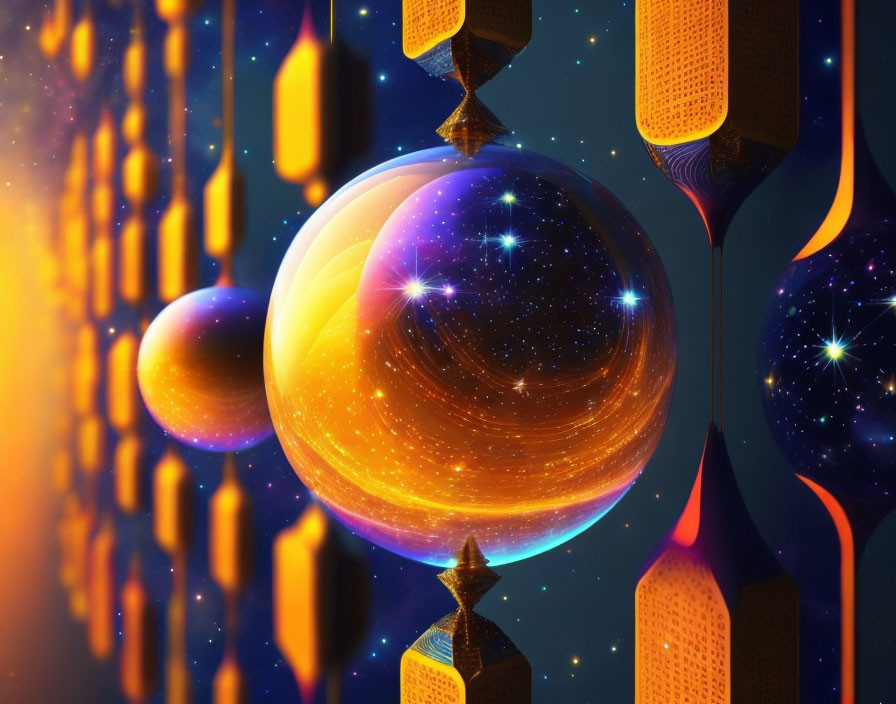 Surreal cosmic digital artwork with glowing shapes and reflective sphere