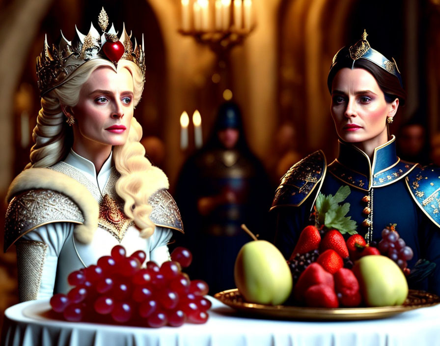 Regal women in ornate crowns and medieval attire behind a fruit-adorned table