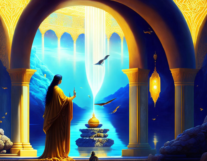 Fantasy scene with robed figure under archway by waterfall