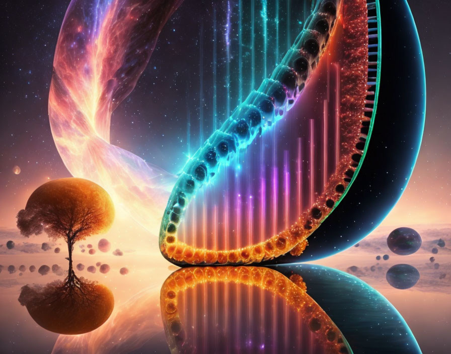 Colorful cosmic illustration: DNA helix, celestial bodies, nebula, reflective water